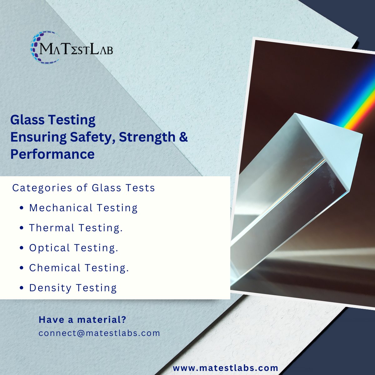MaTestlabsInc's tweet image. Glass Testing: Ensuring Safety, Strength &amp;amp; Performance

From the windows in skyscrapers to lab equipment and automotive windshields, glass must undergo rigorous testing before it can be trusted in real-world applications.

#glasstesting #materialscience