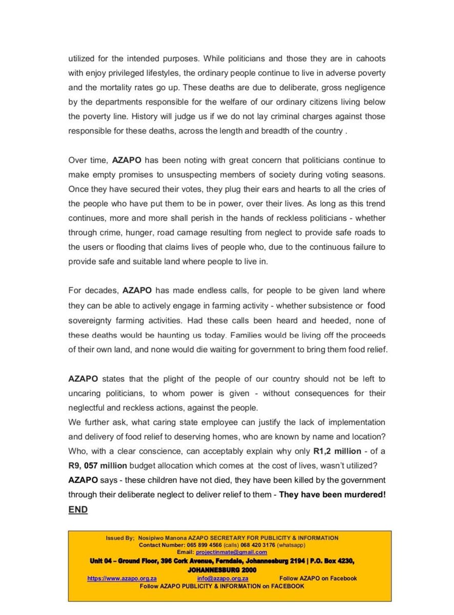 "AZAPO is shocked by investigative news reports that have unveiled the shocking plight of how poverty is ravaging livelihoods and lives of young children in the Republic of South Africa. According to the reports, KwaZulu-Natal, Limpopo and the Eastern Cape have the highest death