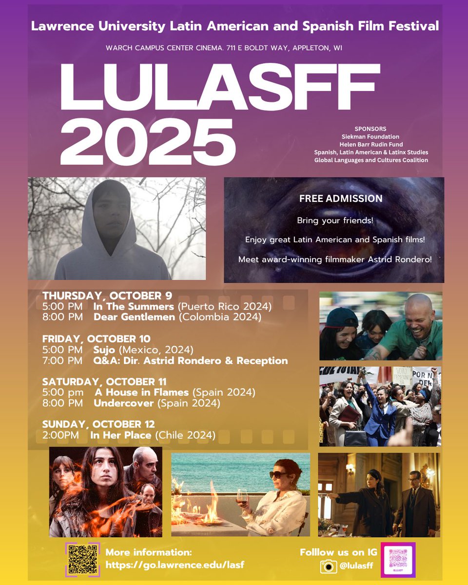 lulasff's tweet photo. Lawrence University Latin American and Spanish Film Festival. Oct 9-12, 2025. Warch Campus Center. 711 E Boldt Way, Appleton, WI 54911. https://t.co/sRmX1Jrxj2 
#LawrenceUniversity #LUSpanish #LULASFF #LatinAmericanCinema #SpanishCinema #FilmFestival https://t.co/xNY0odP7eF