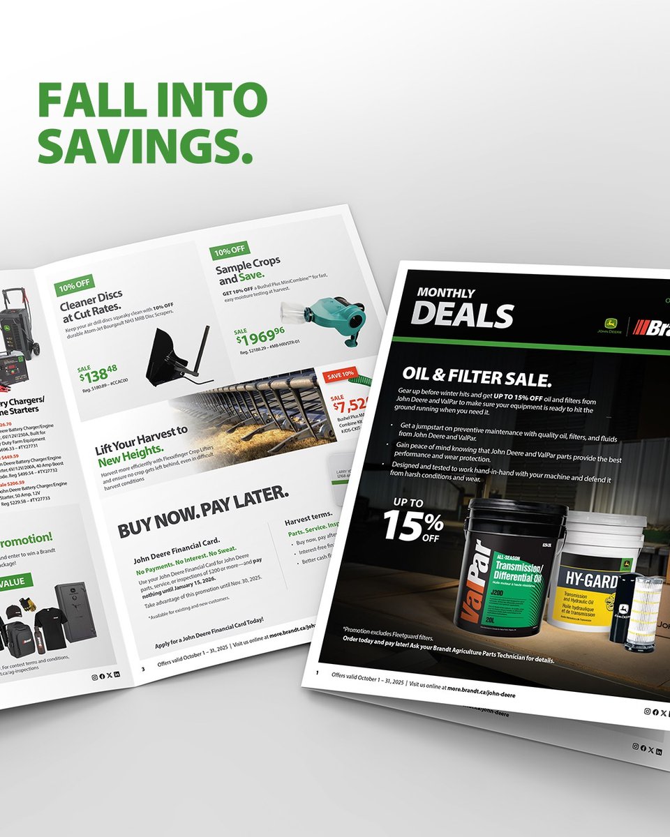 Fall into savings this October with up to $550 off inspection booked by Oct 31. 
Explore deals on John Deere and ValPar oil and filters, batteries and more!
Browse deals: bit.ly/3VMS9s6
#October #flyer #savings