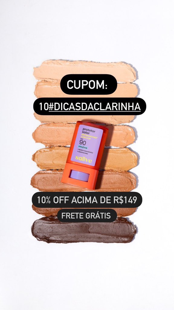 Usem o cupom 
cupom para a sallve 💥 

 • Cupom:    
💚10#DICASDACLARINHA💚

10% off  + frete grátis 
para compras acima de R$ 149