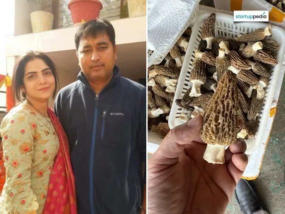 (Uttarakhandi Engineer Couple Grow Morel Mushroon Naveen Sharma and Poonam Sharma standing together outdoors, wearing casual clothing, with Naveen in a dark jacket and Poonam in a floral outfit with a red and gold saree. A basket of Morel Mushrooms, small and brown with a honeycomb texture, is held in a hand, with another view showing multiple mushrooms in a white container. A watermark reading "Startuppedia" is visible on the mushroom images.
