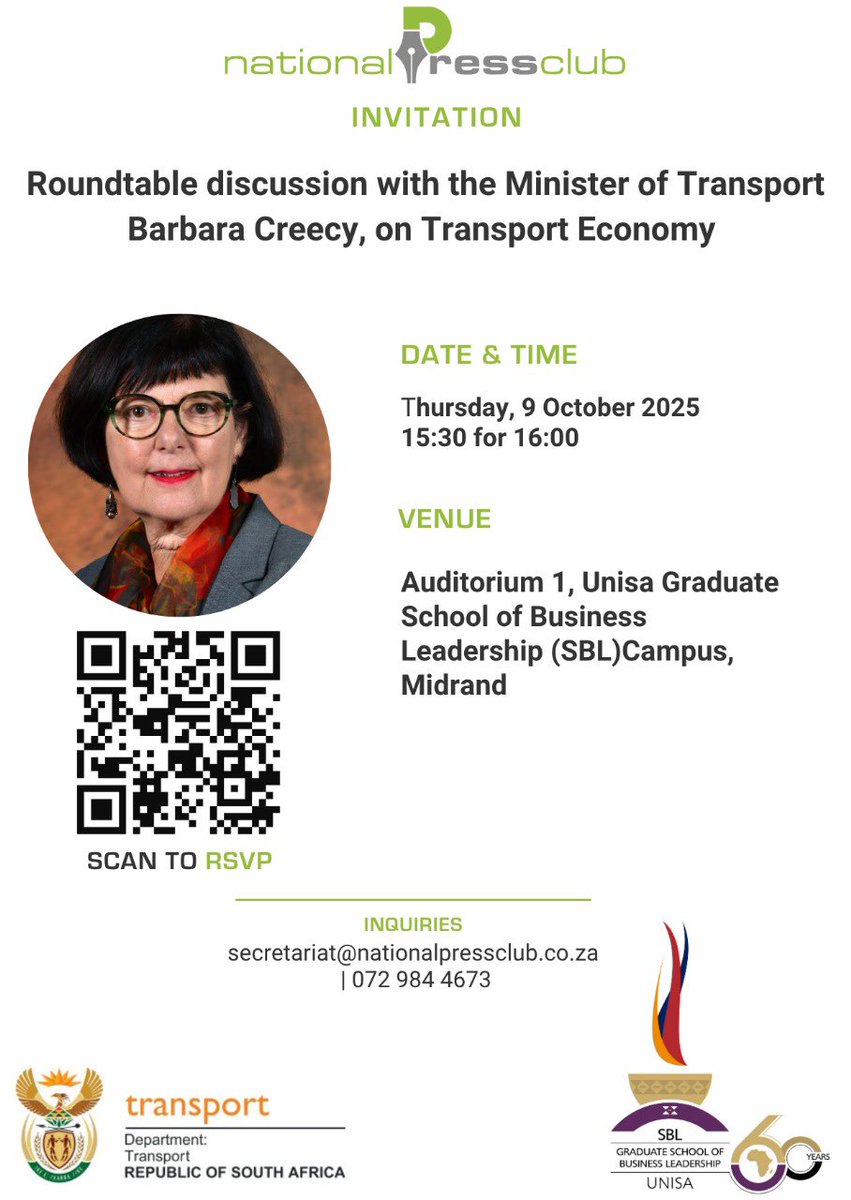 npclub's tweet image. We are pleased to invite journalists to a roundtable discussion with the Minister of Transport, Ms. Barbara Creecy, on the topic of Transport Economy, hosted by the National Press Club in collaboration with the @Dotransport and the @UnisaSBL . 

The discussion will feature the…