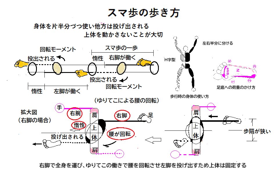 スマ歩歩行、走行において上体を動かさないことが大切であります。その説明図が出来ましたので掲示します。世界的選手が上体を動かさないと観察してきましたが、理論的に説明できました。スマ歩Jijii
