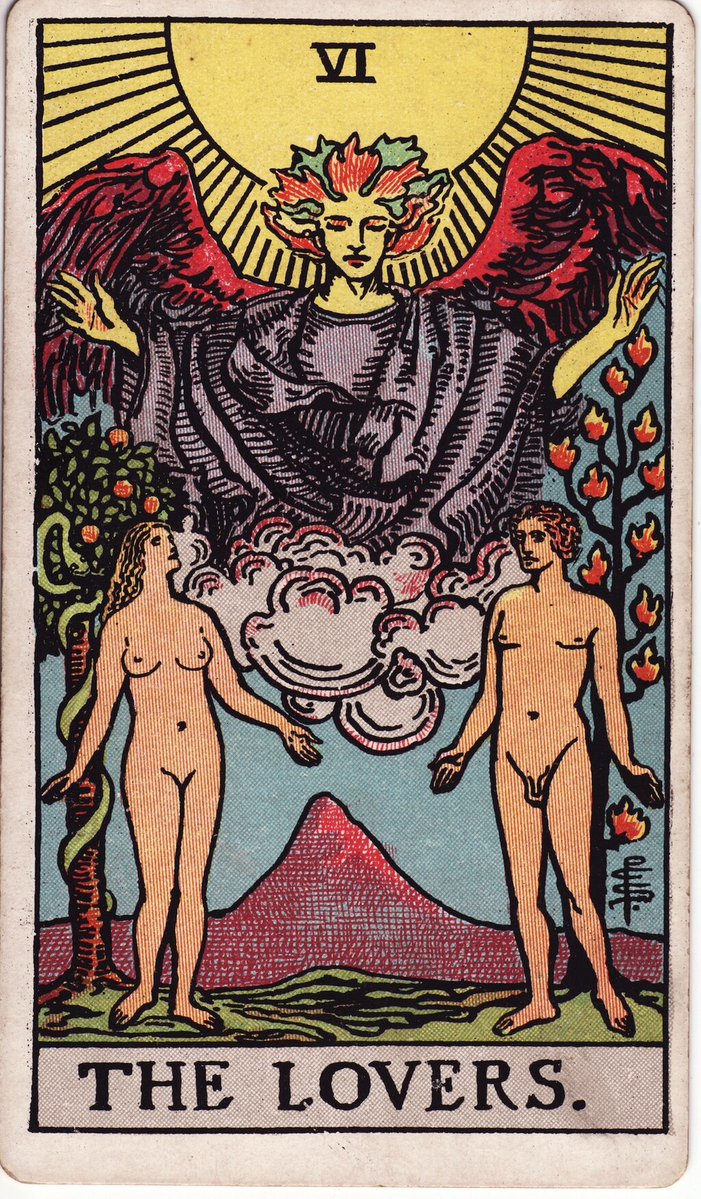 The Lovers illustrated by Pamela Colman Smith for the Rider–Waite Tarot, 1909