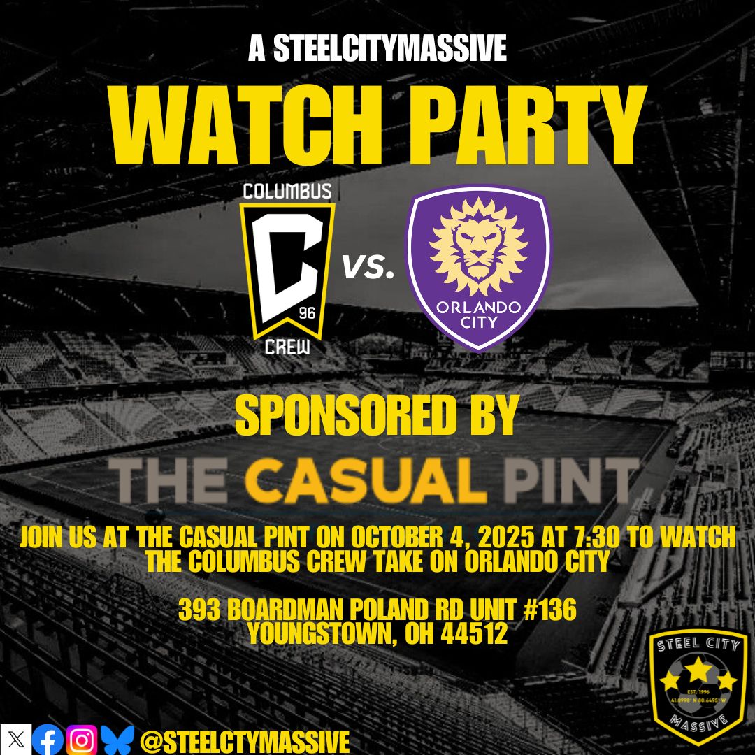 The regular season is wrapping up and we’re going out with a bang! 🎉

Join Steel City Massive for our LAST watch party of the regular season at The Casual Pint. Whether you’re Columbus till you die or brand new to the club, you’ll fit right in. Bring a friend! 🖤💛 #Crew96