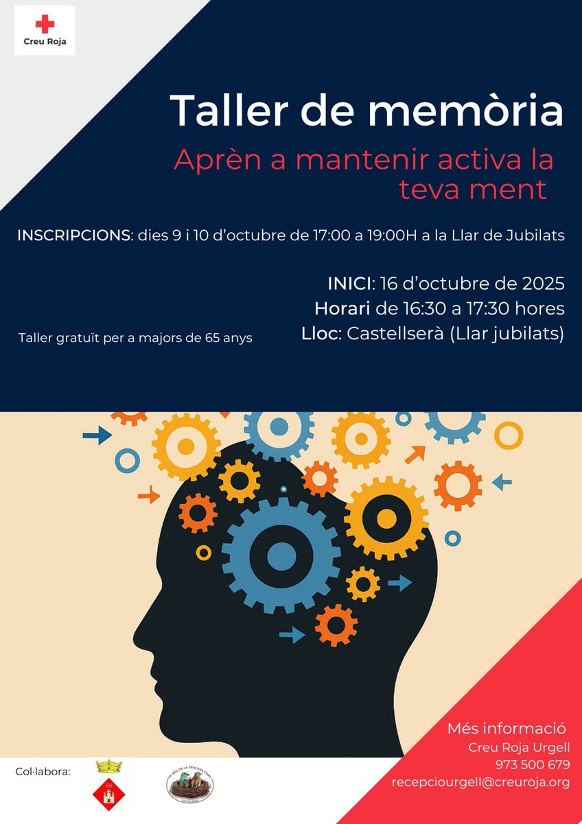 El proper 16 d'octubre iniciem de nou el Taller de memòria amb la col·laboració de la Creu Roja.

Podeu fer les inscripcions els dies 9 i 10 d'octubre a la llar de jubilats.