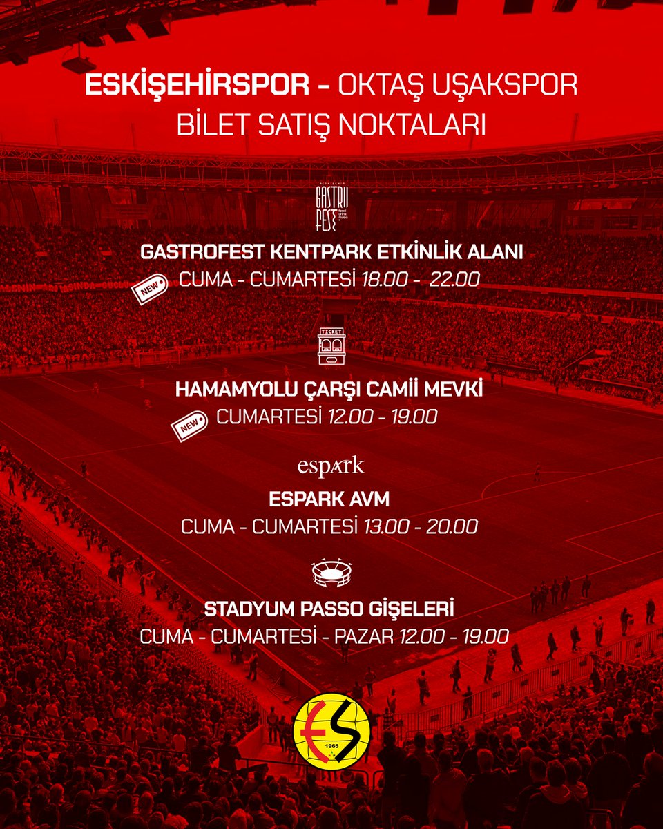 YENİ SATIŞ NOKTALARIYLA BİLET SATIŞLARIMIZ TÜM HIZIYLA DEVAM EDİYOR!

⚽️ Eskişehirsporumuzun, Nesine 3. Lig’de 5 Ekim Pazar günü saat 19.00’da sahamızda oynayacağı Oktaş Uşakspor karşılaşmasının biletleri satışta!

📍 Bilet Satış Noktaları:

•Gastrofest Kentpark Etkinlik Alanı