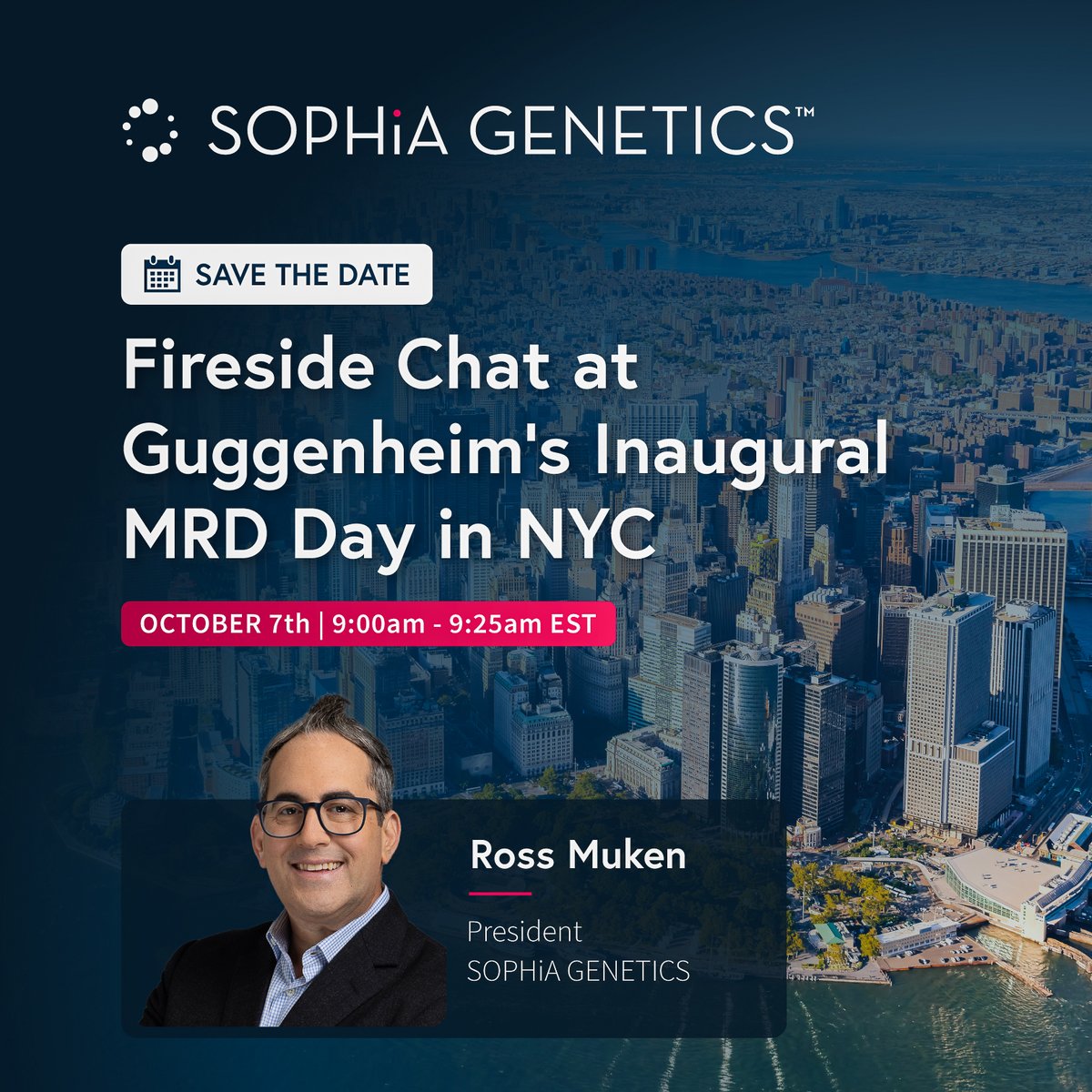 SOPHiAGENETICS's tweet image. 📍 NYC | Oct 7 | 9:00am EST
Ross Muken, President @ SOPHiA GENETICS takes the stage at Guggenheim’s inaugural #MRD Day.

Fireside chat with Subbu Nambi, Ph.D. &amp;amp; Thomas VonDerVellen on how AI + data are reshaping precision oncology.

#Oncology #MRD #DataDrivenMedicine