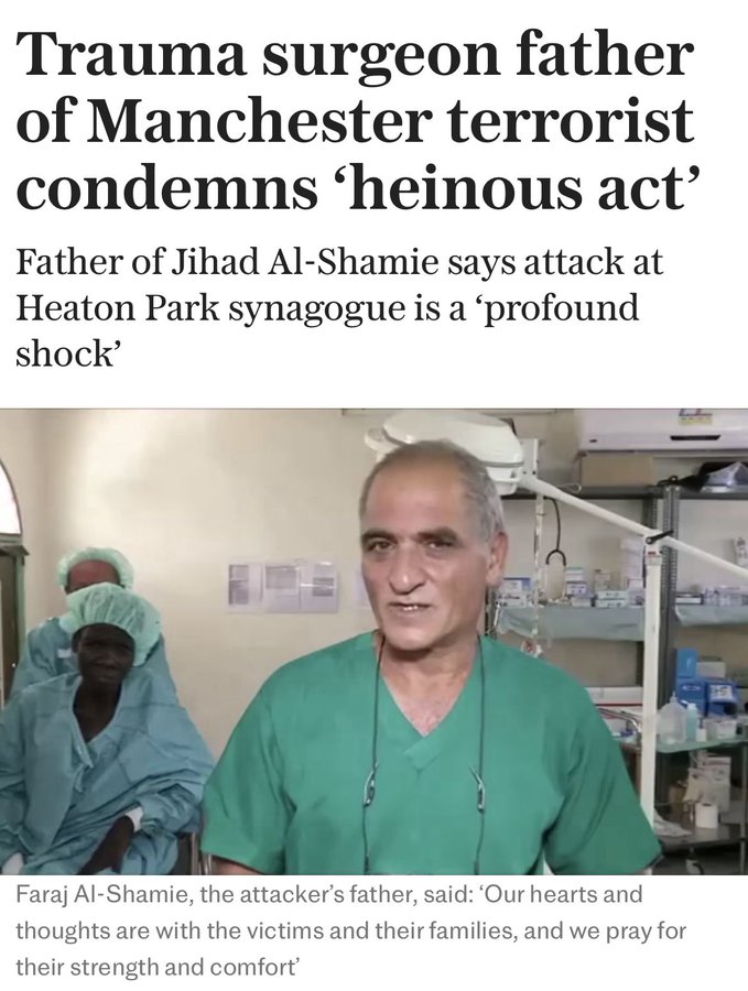 A man in surgical scrubs standing in an operating room, wearing a green gown and stethoscope. Another person in scrubs is visible in the background. Text overlay reads "Trauma surgeon father of Manchester terrorist condemns 'heinous act'" and "Father of Jihad Al-Shamie says attack at Heaton Park synagogue is a 'profound shock.'"