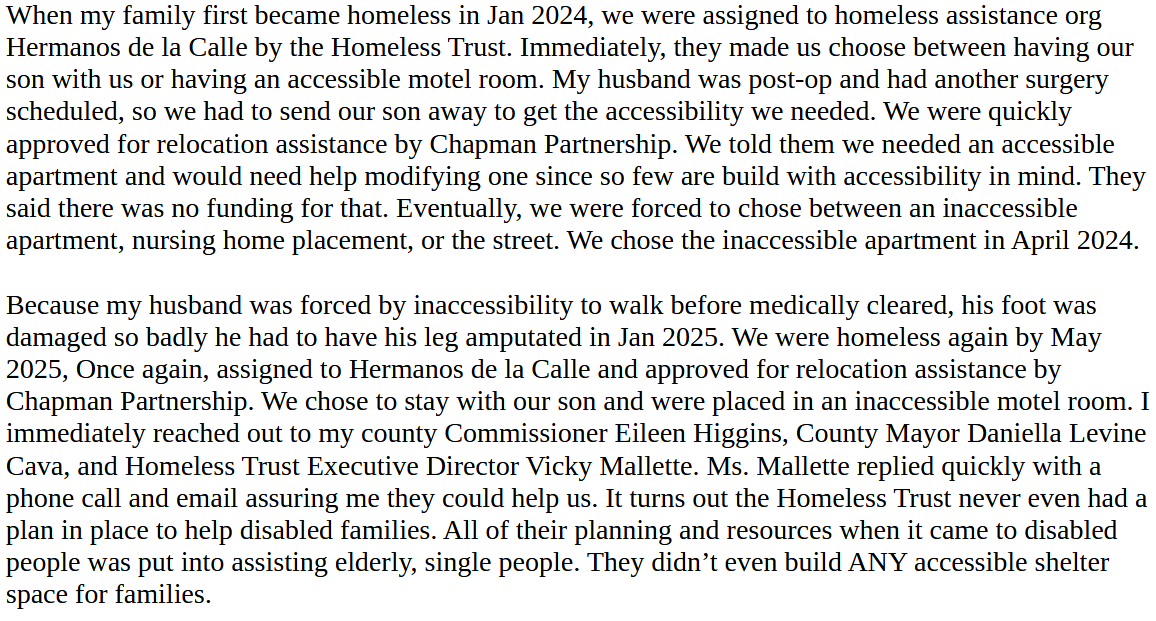 MiamiSeda's tweet image. The images have more details. They waited 21 months to tell us we'd had funding for accessibility modifications all along.
This involves @HomelessMiami, @HermanosCalleUS, @ChapmanPartner, @MayorDaniella, &amp;amp; @CommishEileen 
They refused to use YOUR tax dollars to help disabled ppl.