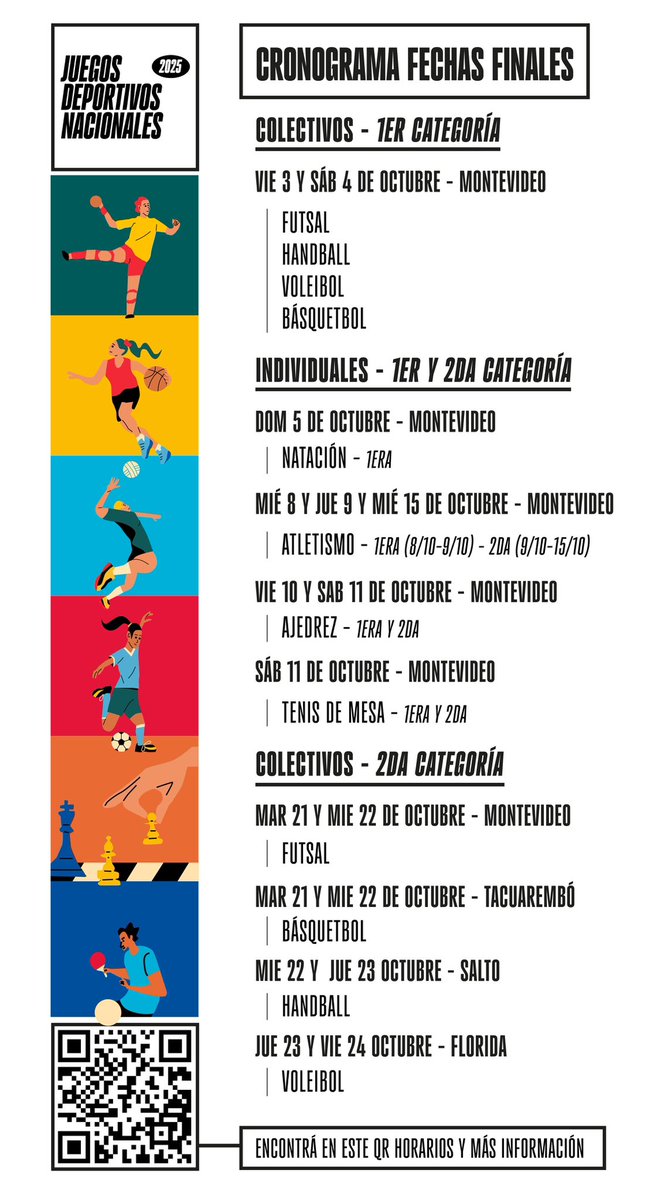 ¡Hoy comenzaron las finales de los Juegos Deportivos Nacionales 2025 en Montevideo!

 Mirá el calendario de disciplinas y acercate a presenciar los encuentros deportivos con jóvenes  de todo el país. 🇺🇾

#JDN2025