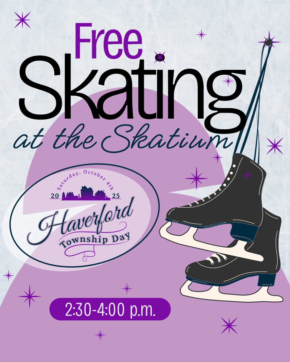 Don’t forget to visit the Skatium on Haverford Township Day for free skating! 

Lace up your skates and hit the ice from 2:30-4:00 p.m. on Saturday, October 4. 

More Haverford Township Day info can be found @ havtwp.org/Parks_and_Recr…