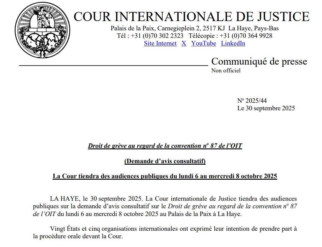 RAPPEL : les audiences publiques sur la demande d’avis consultatif sur le Droit de grève au titre de la Convention n° 87 de l’OIT s’ouvriront le lundi 6 octobre à 10 heures (La Haye).

Les audiences seront retransmises en direct sur <a href="/UNWebTV/">UN Web TV</a>.
