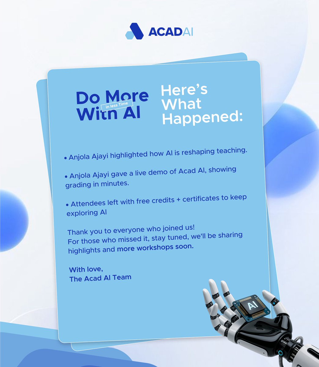 acad__ai's tweet image. We ended September learning how AI saves time in the classroom and left with new ways to do more with less. ☺️

A big thank you to everyone who joined our AI workshop! 💙
