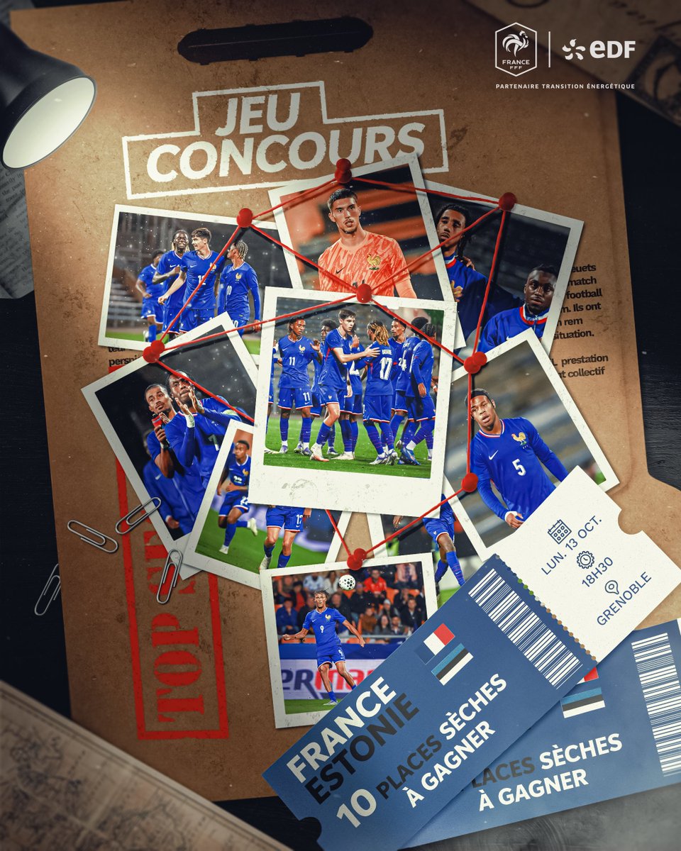𝑱𝑬𝑼 𝑪𝑶𝑵𝑪𝑶𝑼𝑹𝑺
Pour ce nouveau rassemblement, les Bleuets se rendent à Grenoble pour affronter l’Estonie ! Pour l’occasion, nous vous faisons gagner 10 places !
Pour participer :
&gt; Abonnez-vous à <a href="/EDF_Foot/">EDF Foot</a> 
&gt; RT ce tweet
TAS le 09/10à 14h !
Bonne chance à tous