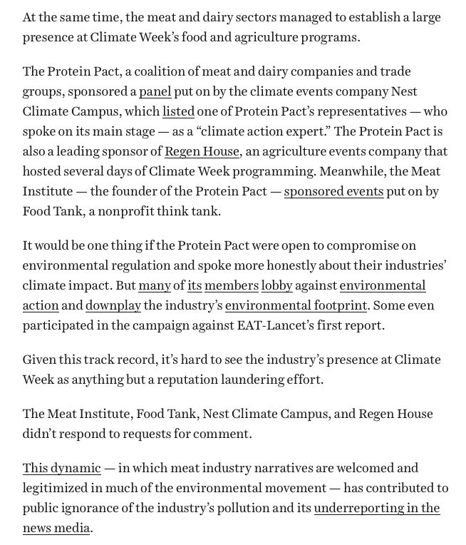 It's a little buried in my new story, but I also wrote about how some environment-minded groups took sponsorship $ from the Protein Pact -- a coalition of meat companies/trade groups w/a track record of delaying climate action &amp; misleading the public.