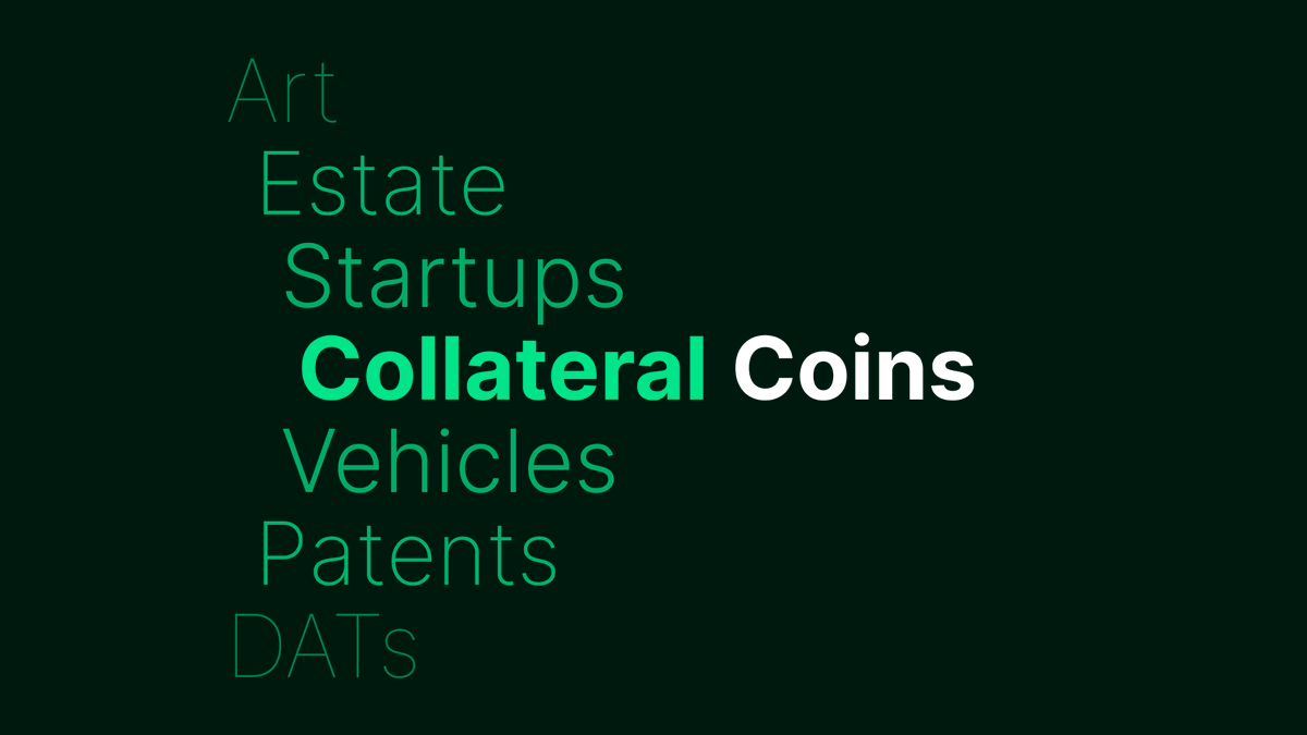 Collateral Coins graphic featuring assets like art, estate, startups, vehicles, patents, and DATs