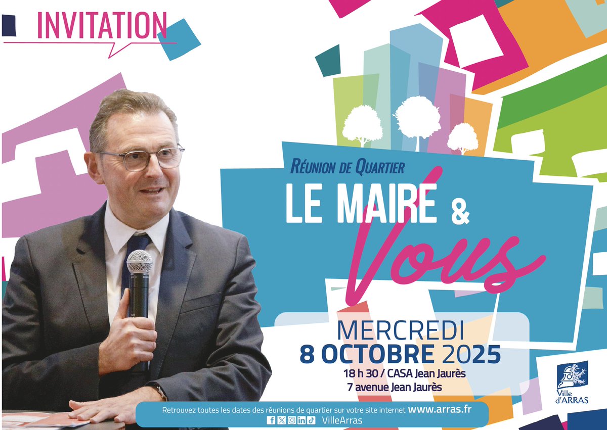 VilleArras's tweet photo. 💬 @FLeturque, maire d’#Arras, et Karine Boissou, adjointe au quartier Sud, vous donnent rendez-vous mercredi 8 octobre à 18h30 à la Casa Jean-Jaurès.

Un temps d’échanges pour parler de votre quotidien, partager vos idées et répondre à vos préoccupations.

#QuartierSud https://t.co/fb0XLUowvY