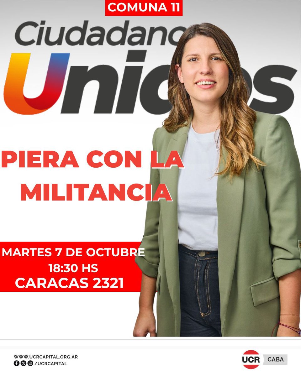 Piera con la militancia:

Este martes nos encontramos en la Comuna 11 para charlar con <a href="/pierafernandez/">Piera</a> 💪

🗓 18:30 hs

📍 Caracas 2321

#CiudadanosUnidos #UCR #CABA