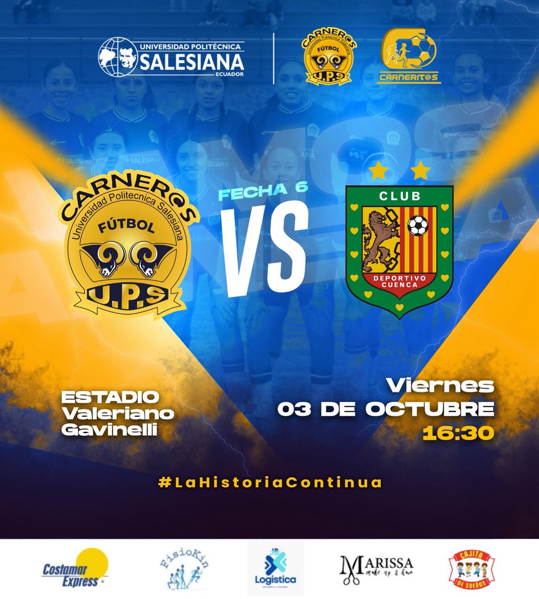 ¡Hoy! 😍

Carneras disputa la última fecha del Torneo de Ascenso provincial  💛💙

Nos vemos en el Gavicho a las 16h30 para alentar todos y celebrar el bicampeonato del equipo 🏆🥇

¡Tu apoyo desde las gradas hace la diferencia! 👏

#somoscarneras 

<a href="/upsalesianaec/">Universidad Politécnica Salesiana</a>