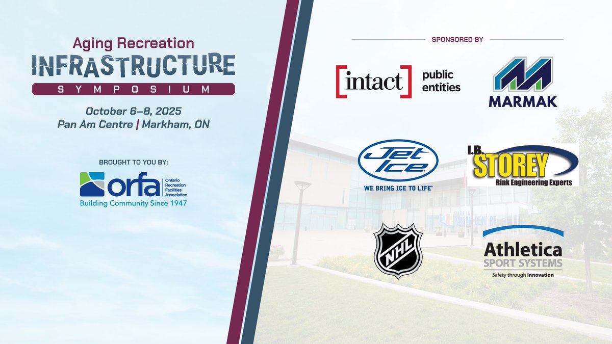 <a href="/ORFAInc/">ORFA</a> Thank you to our Aging Recreation Infrastructure Symposium sponsors. #ORFA_ARIS2025 <a href="/JetIceHockey/">Jet Ice</a> <a href="/IBStoreyInc/">I.B. Storey Inc</a> <a href="/Marmak1980/">Marmak</a> <a href="/IntactPE/">Intact Public Entities</a> <a href="/Athletica_SS/">Athletica</a>