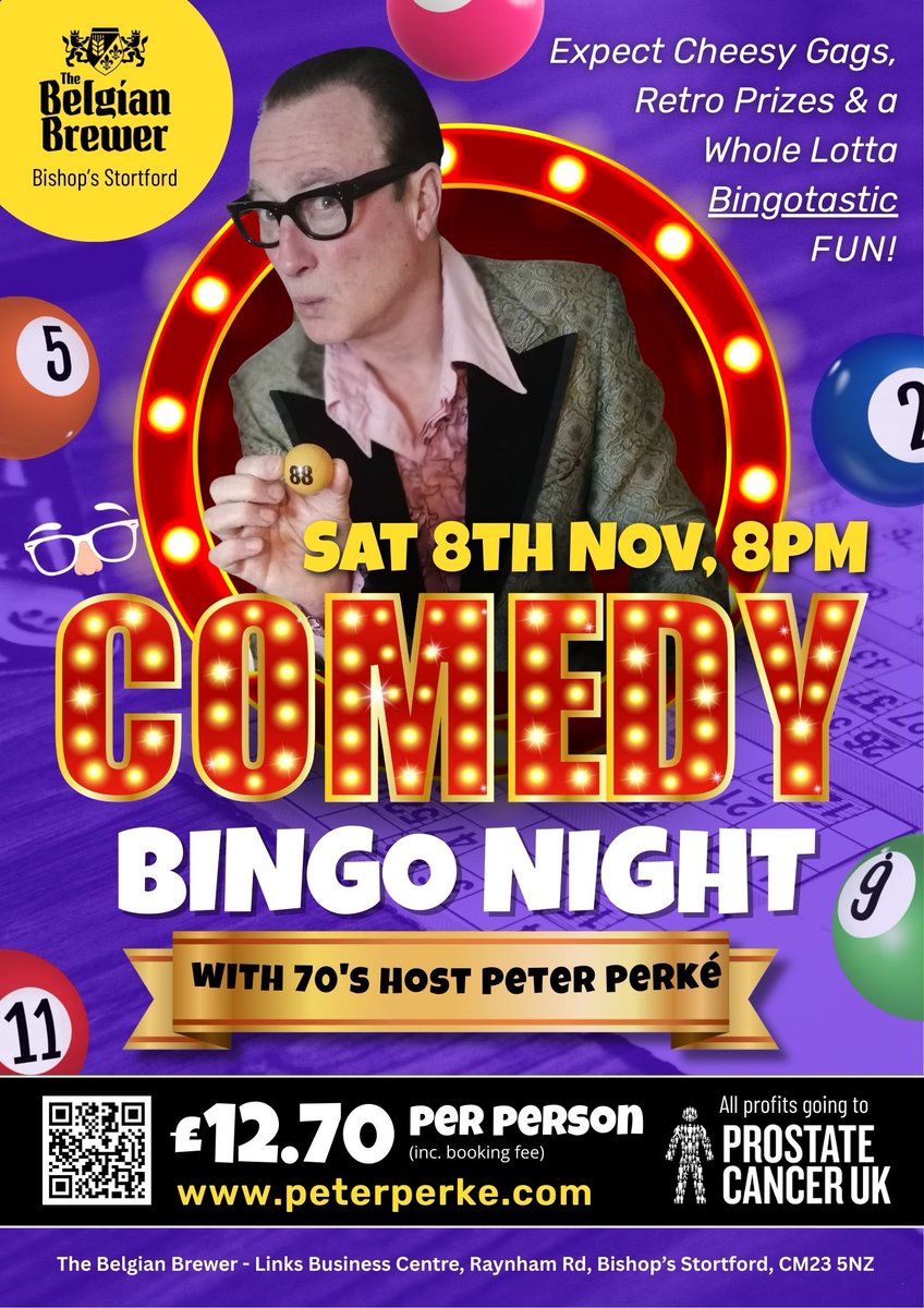 👀 #ComedyBingo with Perké is back + this time I'm coming to #BishopsStortford

You can expect plenty of cheesy gags, comedy songs &amp; retro prizes. 

Get your tickets now and help raise money for Prostate Cancer UK. 

wegottickets.com/event/674516

#charity #bingo #hertfordshire #retro