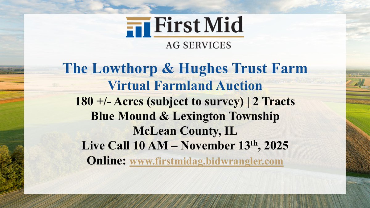 Our Next McLean County, IL Farmland Auction!  Call Tyler Roth, Broker in Bloomington at 309-665-0955 for details.  Located between Cooksville, Colfax &amp; Lexington.  This 180+/- Acre two-tract auction features productive row crop farmland with an opportunity to hunt whitetail deer.