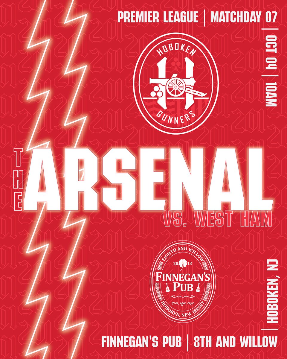 We go again tomorrow in the Prem <a href="/Finnegans_Pub/">Finnegan's Pub</a> ⚽️ 🍺 🔴⚪️

Doors open 9am

<a href="/Arsenal/">Arsenal</a> <a href="/arsenalamerica/">Arsenal America</a> <a href="/CityofHoboken/">City of Hoboken</a> <a href="/PLinUSA/">Premier League USA</a>