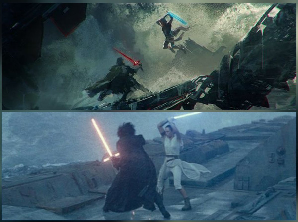 rey and kylo ren’s duel in the rise of skywalker — concept art vs film ❤️⚔️💙