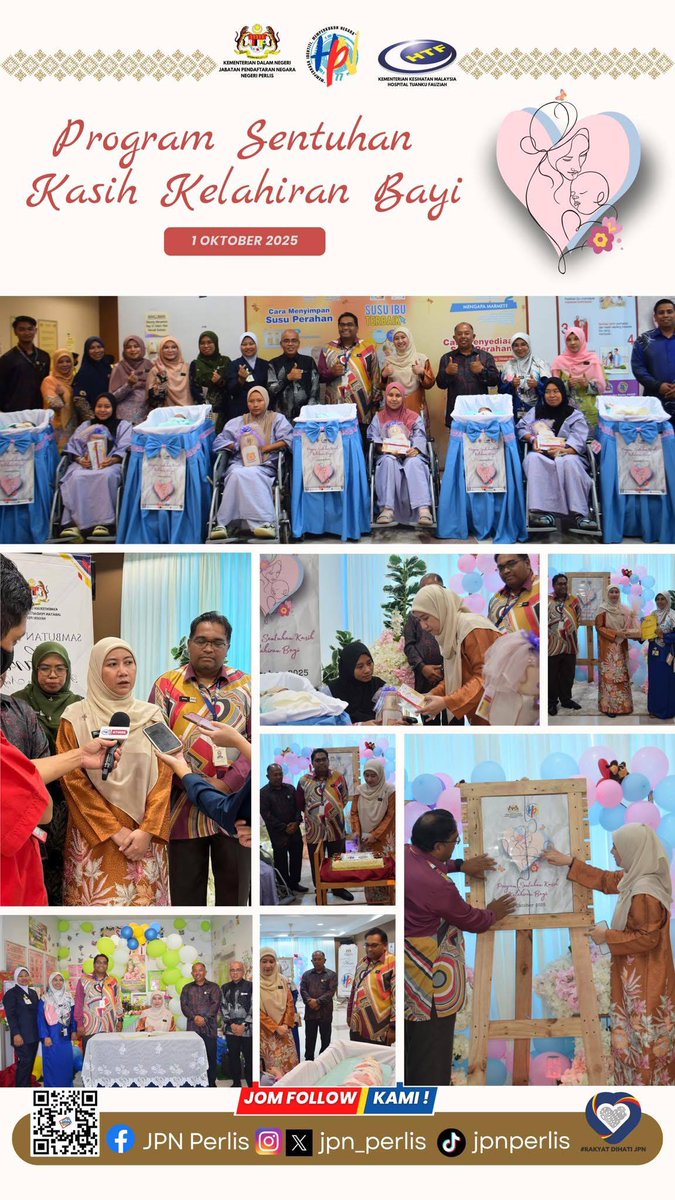 KANGAR, 2 Oktober – Program Sentuhan Kasih anjuran Jabatan Pendaftaran Negara (JPN) Perlis berlangsung di Hospital Tuanku Fauziah (HTF) bagi meraikan kelahiran bayi pada 1 Oktober lalu.

#MalaysiaMadani
#MadaniBekerja
#KDNSejahteraMadani 
#KDNIhsanMadani
#RakyatDiHatiJPN