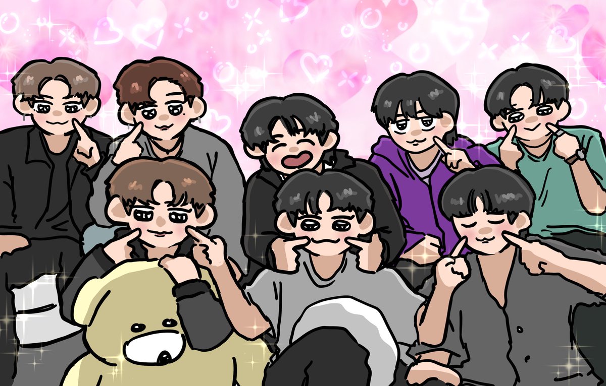 Nine stylized anime-style characters with large eyes, pointing at their faces with index fingers. They wear casual clothing like hoodies, jackets, and shirts in various colors. A teddy bear is visible in the lower left corner. Pink hearts and sparkles form the background.