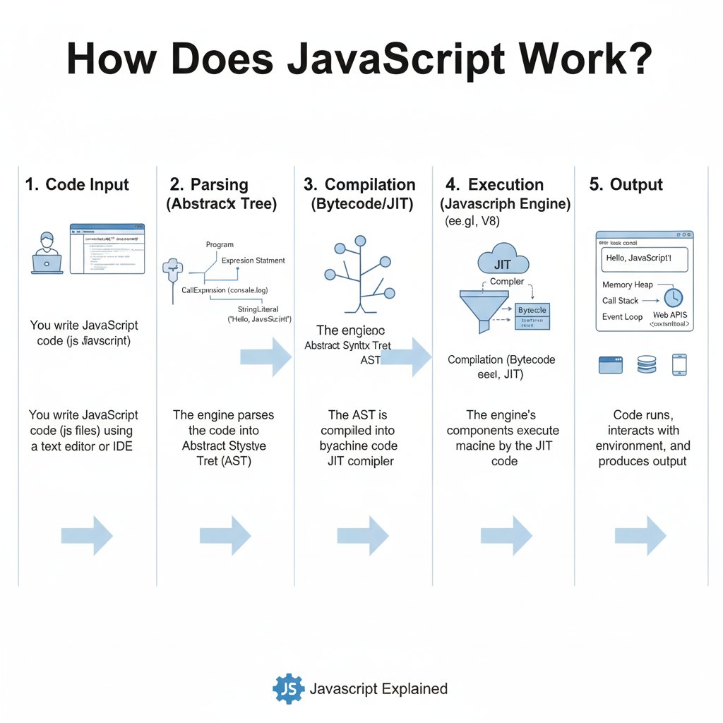 e_opore's tweet image. How does JavaScript work?
You write a .js file (or embed JavaScript in HTML).
The JavaScript engine (in a browser or Node.js) reads your code and parses it into an Abstract Syntax Tree (AST).
The engine then compiles (or transforms) that AST into bytecode or an intermediate…