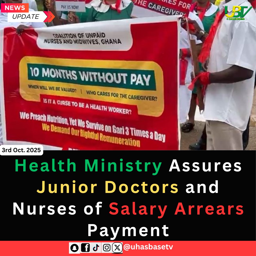 uhasbasetv's tweet photo. "Is it a curse to be a health worker?" The poignant signs from unpaid nurses and midwives highlight a 10-month struggle for pay. Now, the Health Ministry issues an assurance of payment. The wait for action continues.
#PayUsNow #WhoCaresForTheCaregiver #Ghana #Nurses https://t.co/rzJsI1VaPI