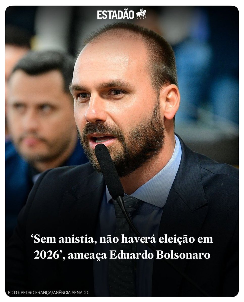 Olha a chantagem explícita: “Sem anistia, não haverá eleição em 2026”, ameaça de Eduardo Bolsonaro.

Quer dizer que agora democracia só acontece se os golpistas forem perdoados? 

Que belo “patriotismo”, rasgar a Constituição pra salvar a própria pele.

O relator fala em reduzir