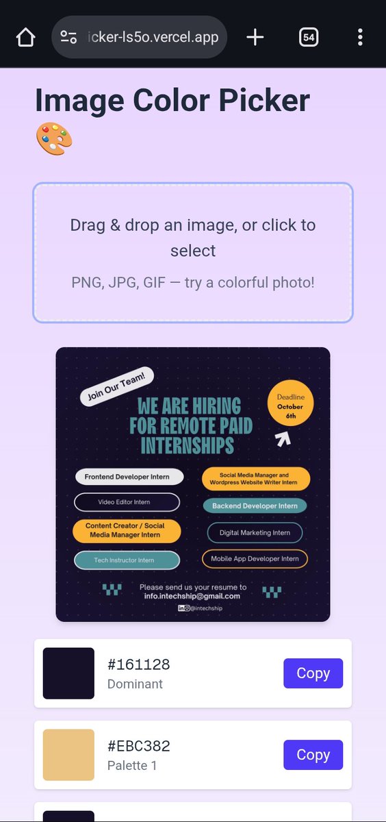Just built an Image Color Picker as part of my small projects challenge!
Upload any image &amp; instantly get its dominant + palette colors in HEX 🔥

Perfect for designers, devs, or anyone looking for color inspiration.
Try it out here 👉 [image-color-picker-ls5o.vercel.app]