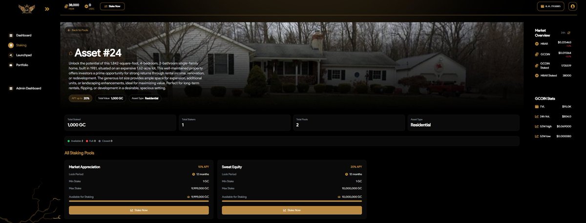 Gilmore_Estates's tweet photo. From Vision to Reality: Our Tokenization Platform Is Now Live

We’re proud to launch with a powerful suite of funds designed for growth and collaboration:

$GC Staking:
4 Asset Market Appreciation Funds (5-10% apy)

2 Sweat Equity Funds (20-25% apy)

$HBAR + $USDC Community Asset Fund #1 (30% apy)

This is more than investing, it’s building a shared future, powered by real assets and blockchain innovation.

Link to app in the comments!