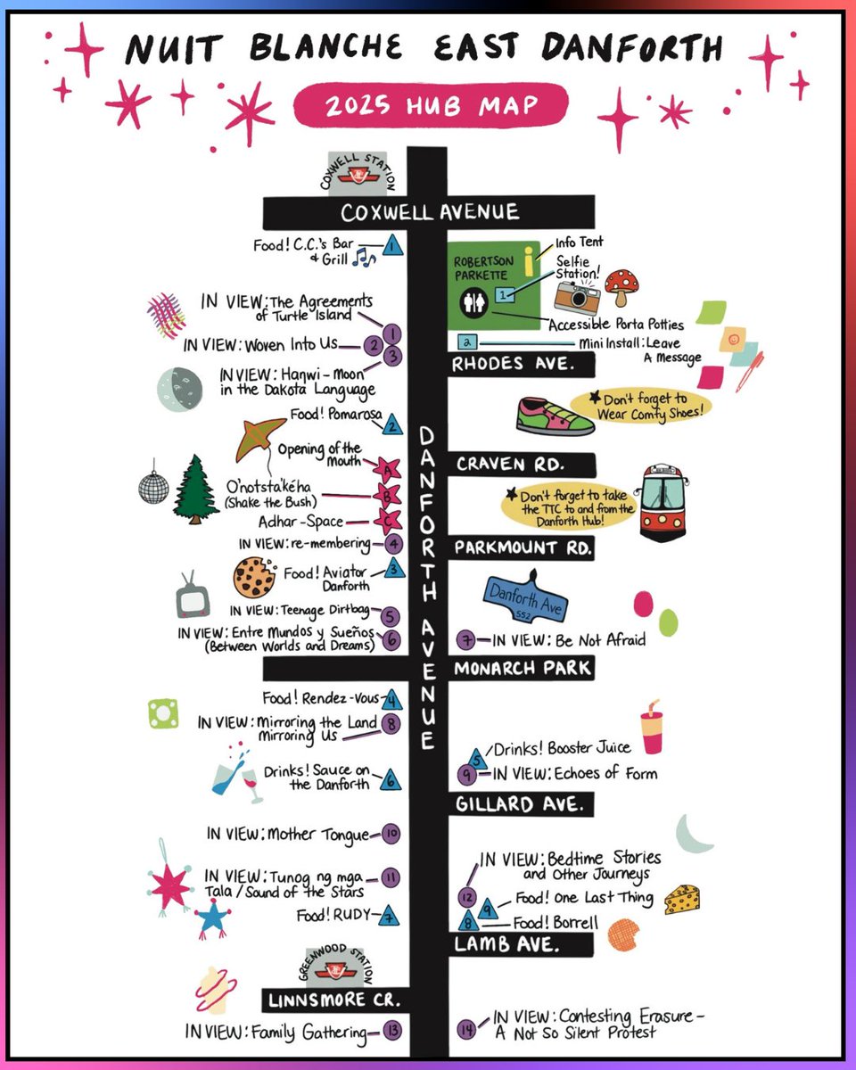 ✨Nuit Blanche East Danforth is TOMORROW!✨

NbED takes place Saturday October 4, 2025, 7pm-7am on the Danforth between Greenwood &amp; Coxwell TTC Stations. We’ve got nearly 20 art installations for you to enjoy! Check out our hub map here! #nbED25 eastendarts.ca/nbed