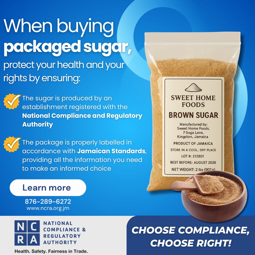 ncrajamaica's tweet photo. A little label check goes a long way ✅
Make sure your packaged sugar meets Jamaican Standards and is from a registered facility with the @ncrajamaica
Check out our website to view registered manufacturers: https://t.co/k3JxajIXTp
#NCRA #PackagedSugar #CheckLabels https://t.co/NF6SGLEXYf