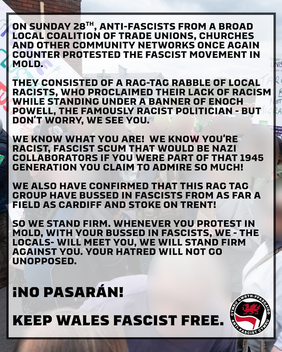 CymruAFN's tweet photo. On Sunday 28th, Anti-fascists from a broad local coalition of trade unions, churches and other community networks once again counter protested the fascist movement in Mold.

¡No pasarán! 

Keep Cymru Fascist Free. 🏴󠁧󠁢󠁷󠁬󠁳󠁿 https://t.co/G6F3EWAEcY