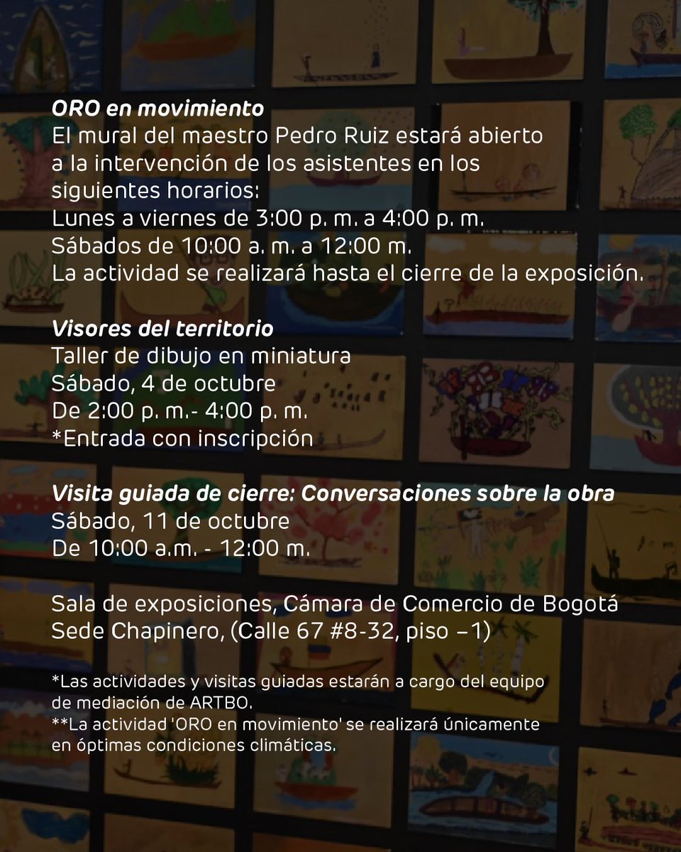 programaARTBO's tweet image. No te pierdas la programación de 𝘖𝘙𝘖, 𝘌𝘴𝘱𝘪́𝘳𝘪𝘵𝘶 𝘺 𝘯𝘢𝘵𝘶𝘳𝘢𝘭𝘦𝘻𝘢 𝘥𝘦 𝘶𝘯 𝘵𝘦𝘳𝘳𝘪𝘵𝘰𝘳𝘪𝘰, exposición del maestro Pedro Ruiz que invita a reconocer la riqueza biocultural de Colombia a través de paisajes, memorias y gestos cotidianos.
La muestra ofrece…
