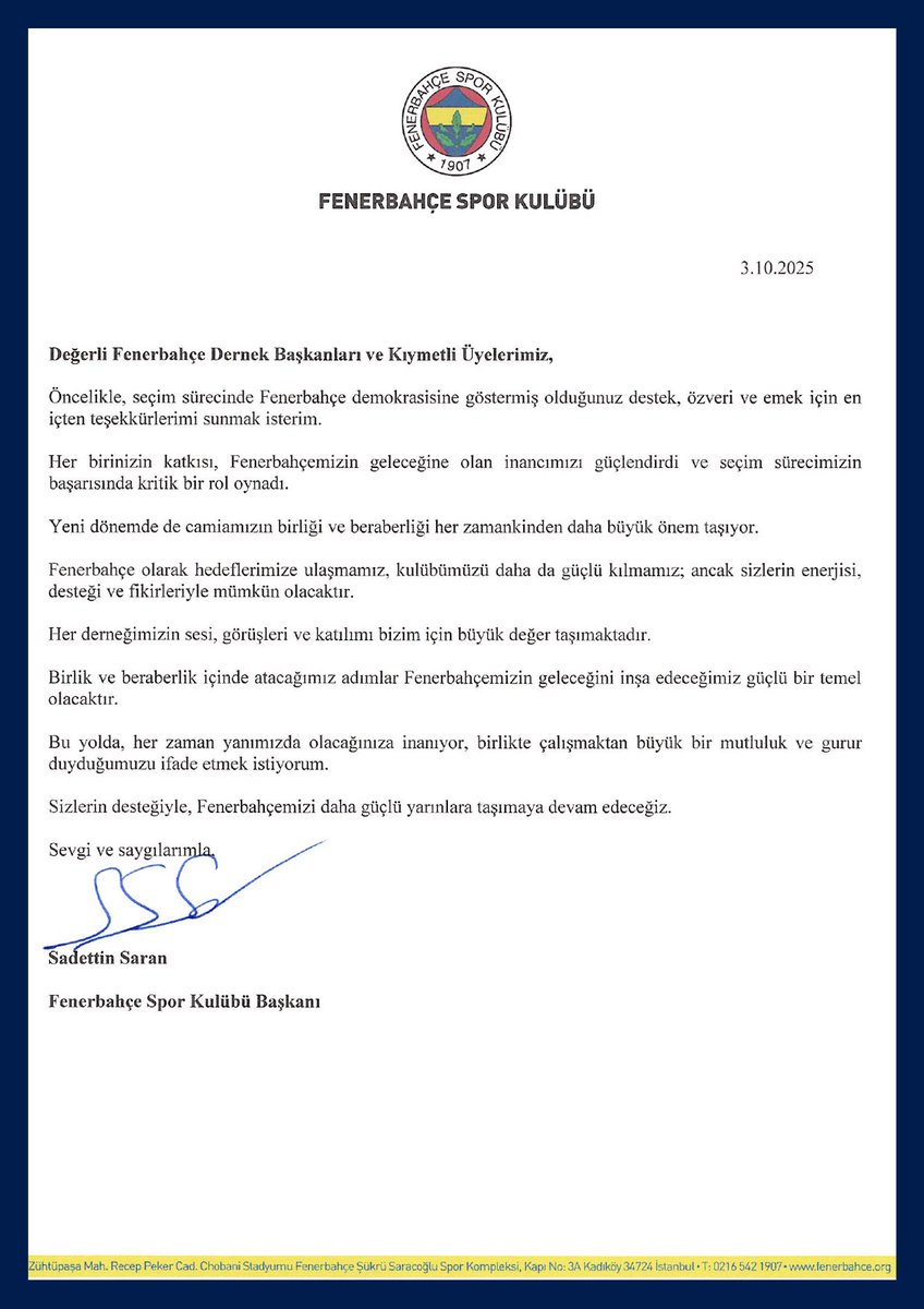 Başkan Sadettin Saran’dan derneğimize teşekkür mektubu.