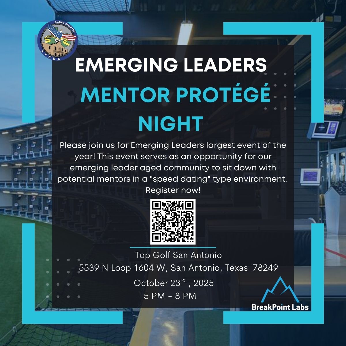 AFCEA Alamo’s biggest event of the year is back! Join us 10/23 at Top Golf SA for Mentor-Protégé Night 🎯 

Network, learn, and connect in a fast-paced, fun setting. 
Free for members, $15 for non-members. 
Spots are limited! 

#AFCEA #MentorProtege #SanAntonio #CyberCareers