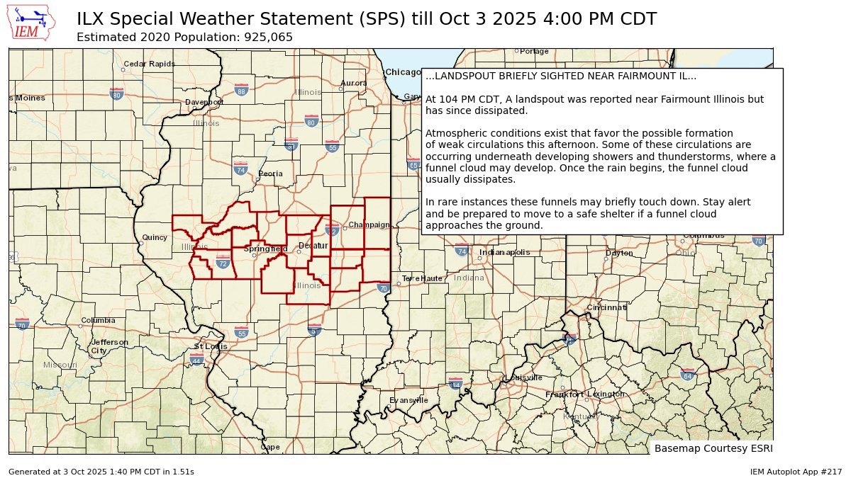 LANDSPOUT BRIEFLY SIGHTED NEAR FAIRMOUNT IL for Cass, Champaign, Christian, Coles, De Witt, Douglas, Edgar, Logan, Macon, Mason, Menard, Morgan, Moultrie, Piatt, Sangamon, Schuyler, Scott, Shelby, Vermilion [IL] till 4:00 PM CDT mesonet.agron.iastate.edu/p.php?pid=2025…