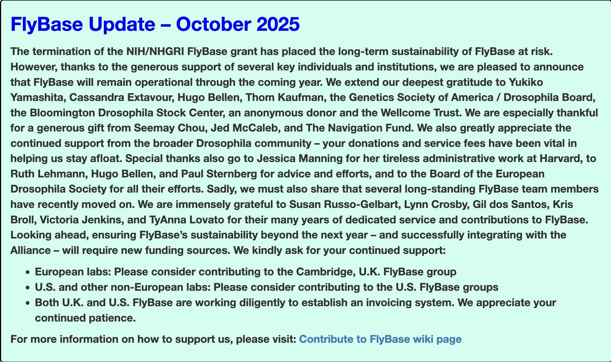 FlyBaseDotOrg's tweet image. There's an update on the state of FlyBase on the FlyBase.org front page. You can contribute to FlyBase at this link wiki.flybase.org/wiki/FlyBase:C….
We express enormous gratitude to the people, labs, groups, and foundations who have already helped us. #FlyBase #Drosophila