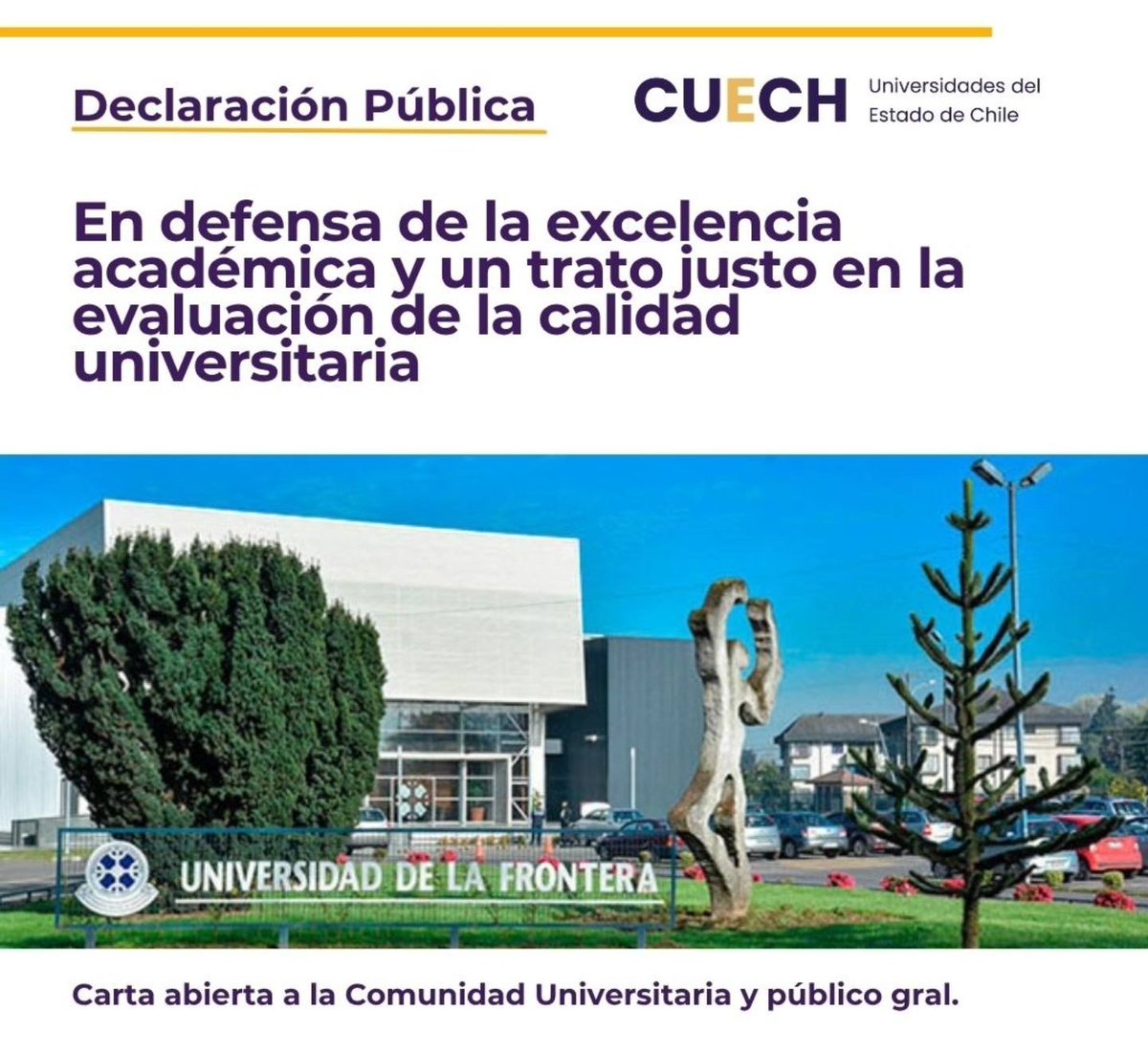 ✍️ 𝗗𝗘𝗖𝗟𝗔𝗥𝗔𝗖𝗜𝗢𝗡 𝗣𝗨𝗕𝗟𝗜𝗖𝗔 | Rectoras y rectores de las universidades estatales respaldan a la UFRO tras la rebaja de su acreditación. Afirman que sus indicadores son equivalentes a los de excelencia. 

Lee la carta ➡️ dub.link/9OxlVck