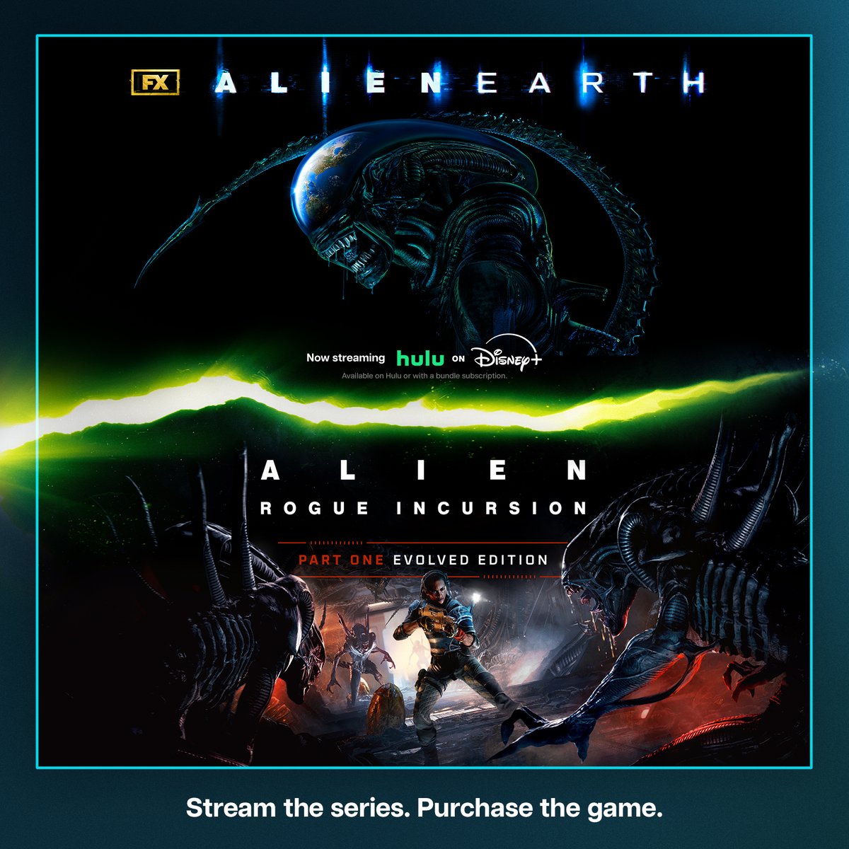 This October, descend into the terror of the Alien universe...
🟢 #AlienEarth now streaming on @Hulu on Disney+ (Available on Hulu or with a bundle subscription)
⚫️ #AlienRogueIncursion Evolved Edition out now on <a href="/PlayStation/">PlayStation</a> for $29.99: bit.ly/AlienEE_PS