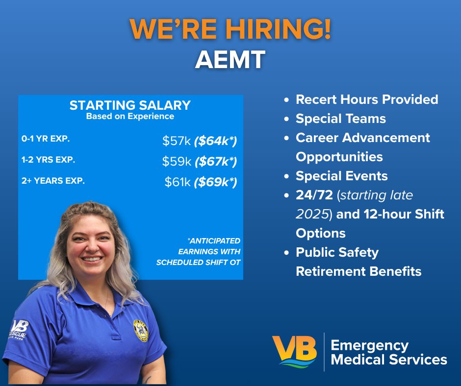 Virginia Beach EMS is now hiring qualified paramedics and advanced EMTs. Application deadline is Oct. 12 at 11:59 p.m.
🔗 Apply Now: 
Paramedic - bit.ly/48OgaGL
Advanced Emergency Medical Technician (AEMT) - bit.ly/4mJQ6Qj