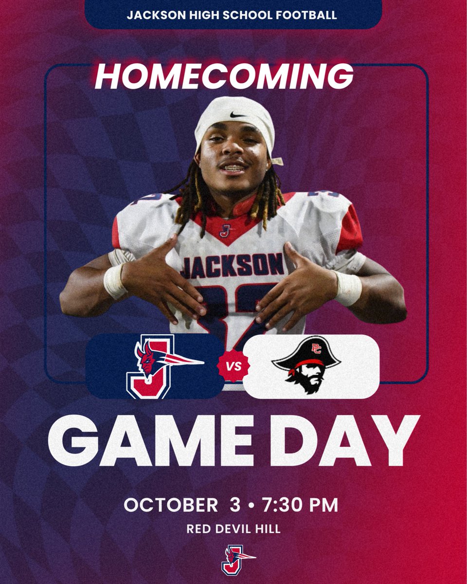 🏈 GAMEDAY 🏈

🔴⚪️🔵 Jackson Red Devils vs 🏴‍☠️ Pike County Pirates

📅 Friday, October 3, 2025
⏰ 7:30 PM
📍 Red Devil Hill — Jackson, GA

#RD4L | #HTT