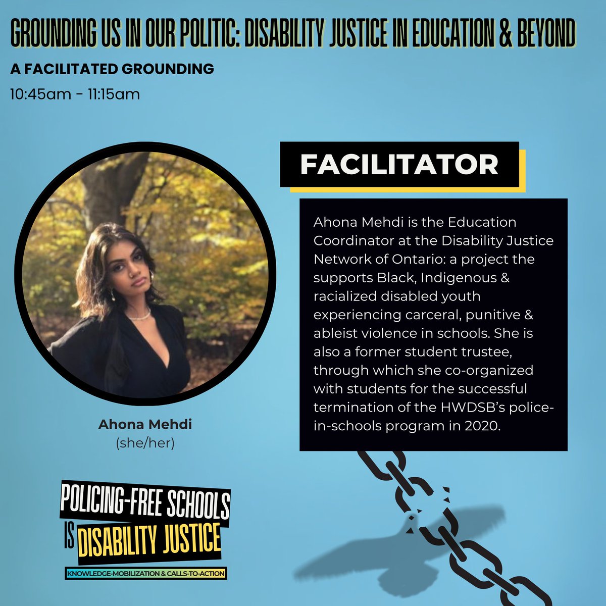 📣Meet Brad Evoy (Executive Director) &amp; Ahona Mehdi (Education Coordinator) from DJNO!

Brad &amp; Ahona will be joining us as facilitators on Friday, Oct. 10th at our event, “Policing-Free Schools Is Disability Justice: Knowledge Mobilization &amp; Calls to Action” at OISE, UofT!

1/2